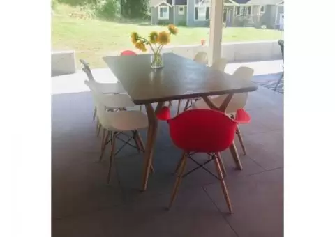 Indoor/Outdoor Acacia Wood Poly Cement Mid-Century Modern Dining Table